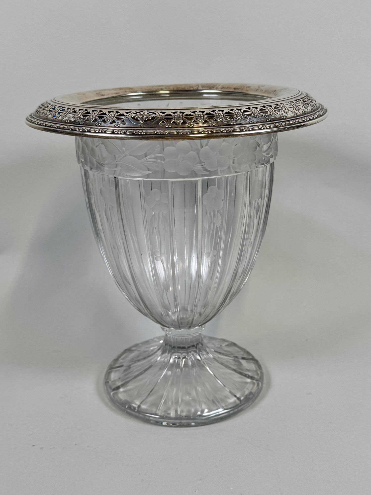 Etched Crystal Urn With Everted Sterling Silver Rim: Stamped under rim: Sterling H: 8 1/2 x dia: 8 1/4 inches
