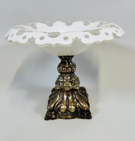 White Overlaid Clear Bohemian Glass Centerpiece Bowl Mounted On A Silver-Plated Stand
