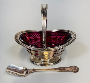 Silver Plated Georgian Style Pierced Oval Sugar Bowl On Pedestal Base, Ruby Glass Liner,