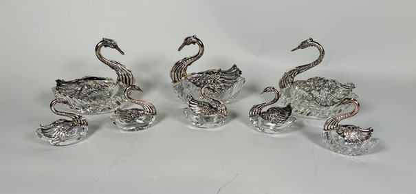 Collection Of Sterling Silver And Glass Swan Form Salt And Pepper Cellars