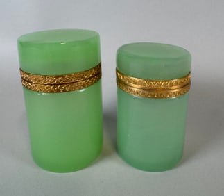 Two Green Opaline Glass Cylindrical Boxes