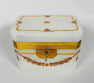 French Gilt-Bronze Mounted White Opaline Glass Box With Enameled Detail, With Key