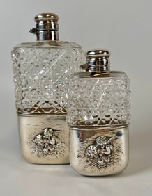 Pair Of Unger Brothers Sterling Silver And Cut Glass Flasks (2) C. Early 20th Century
