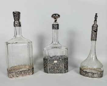 German .800 Silver Mounted And Etched Glass Decanters (3)