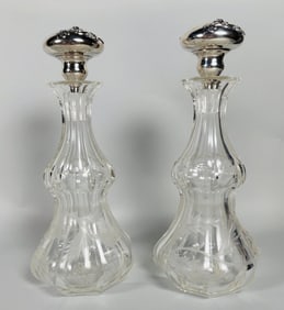 Floral Decorated Cut Glass Decanters With Sterling Silver Stoppers
