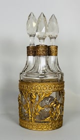 Art Nouveau Gilt Brass Mounted Three Piece Decanter Set