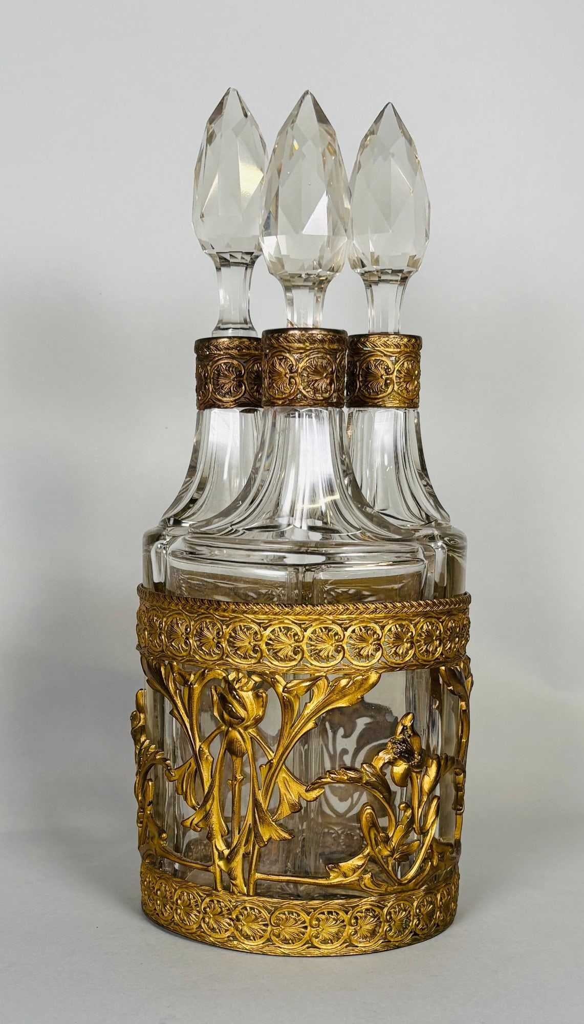 Art Nouveau Gilt Brass Mounted Three Piece Decanter Set (1 of 5)