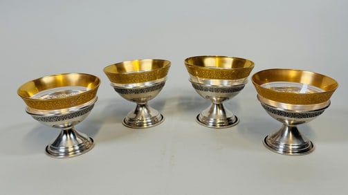 Set Of 4 Sterling Silver Dessert Stems with Gilt-Rimmed Glass Liners