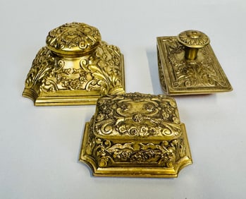 Gilt-Bronze Part Desk Set: Rocker Blotter, Inkwell And Stamp Box