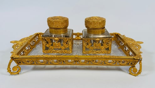Napoleon III Gilt Metal And Cut Glass Inkwells And Tray