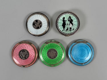 Collection Of Continental And American Sterling Silver And Enamel Guilloche Compact Mirrors And A