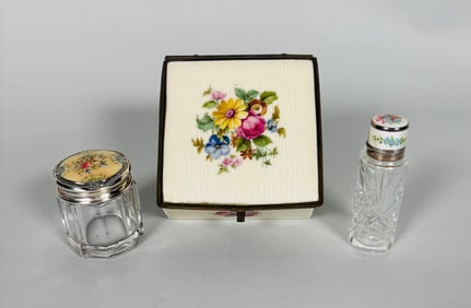 Sterling Silver Guilloche Enamel And Cut Glass Vanity Items