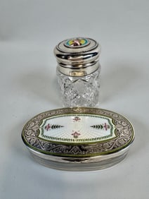 Silver Mounted Guilloche Enamel And Brilliant Cut Crystal Dresser Jar And A Dunhill Box (2)