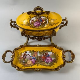 French Sevres Style Porcelain Jewelry Box And Handled Dish