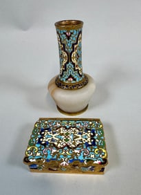 Champleve Enamel Box And Bud Vase With Onyx Base