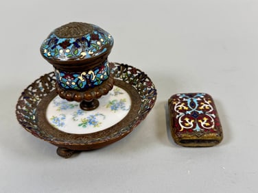 Champleve Enamel Inkwell And Vesta Case, C. 19th Century