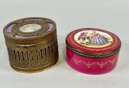 French Porcelain Dresser Boxes: Bronze Portrait Box With Guilloche Enamel And Sevres Style Box, 19th