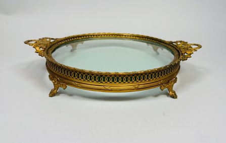 Gilt Bronze/brass And Glass Footed Vanity Tray And Powder Box