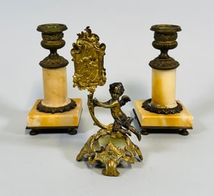 French Gilt-Metal Match Box Holder With Neoclassical Gilt Metal And Alabaster Short Candlesticks