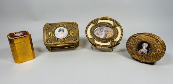 Collection Of Four French Gilt Bronze / Brass Portrait Boxes, C. 19th/early 20th Century