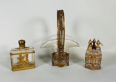 Collection Of Neoclassical Style Gilt Brass And Glass Vanity Items: Perfume Bottles And A Basket (3)