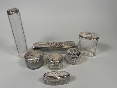Collection Of Sterling Silver And Glass Vanity Bottles And Boxes (7)