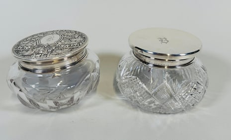 Two Large German Sterling Silver And Cut Crystal Powder Jars