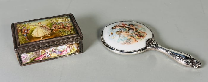 Silver And Porcelain Hand Mirror And A Viennese Enamel Box