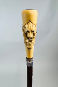Victorian Carved Walking Stick Handle Of Dog With A Basket, 19th Century