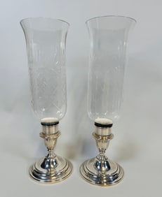 Pair Of International Sterling Lord Saybrook Silver Candle Hurricanes With Etched Glass Shades