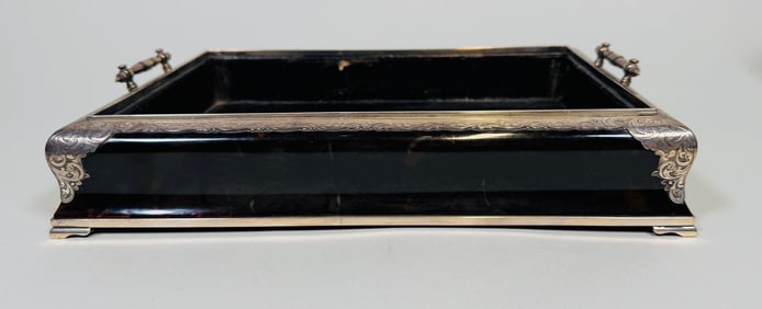 English Leather Tray  With Silver And Shell