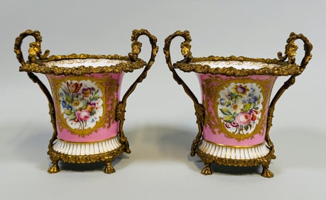 Pair Of French Sevres Porcelain And Gilt Bronze Mounted Cachepot, Late 19th Century