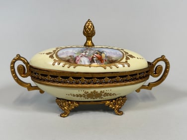 French Gilt-Bronze-Mounted Porcelain Oval Covered Center Bowl, C. 1900