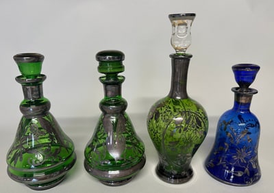 Continental Colored Glass Decanters With Silver Painted Floral And Foliate Motifs (4)