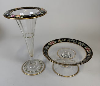 Continental Glass Trumpet Vase And Compote With Hand-Painted Floral Rim