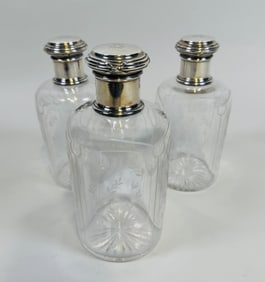 Gustave Keller (Paris) Silver Mounted Glass Dresser Vanity Bottles (3), C. 1925