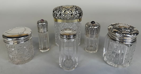 Collection Of Sterling Silver Mounted Cut Glass Vanity Jars And Bottles (6)
