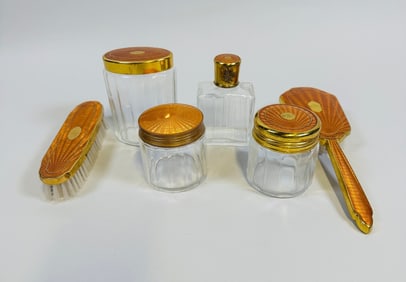 German Brass And Amber Guilloche Enamel Five Piece Vanity Set, C. 1920s