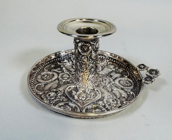 Victorian Sterling Silver Repousee Candlestick, Julius Rosenthal & Samuel Jacob, London, C. 1885
