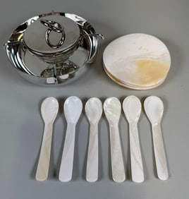 Christofle Vertigo Two-piece Silverplate Caviar Serving Set Together With Mother-of-pearl Plates And