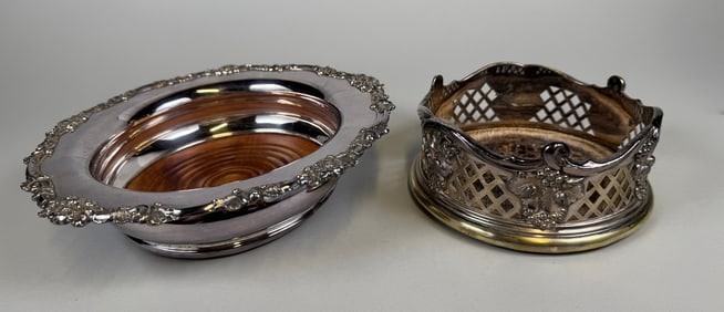 Two Silverplate Wood Lined Wine Coasters
