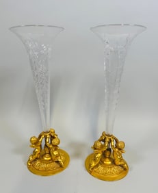 Pair Of Pairpoint Cut Glass And Gilt Metal Cherub Trumpet Vases, C. 1930