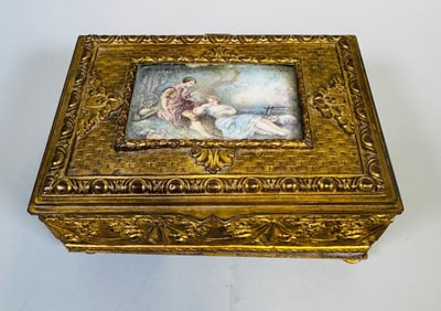 French Gilt Brass Cigar Box With Hand Painted Plaque, C. 1900