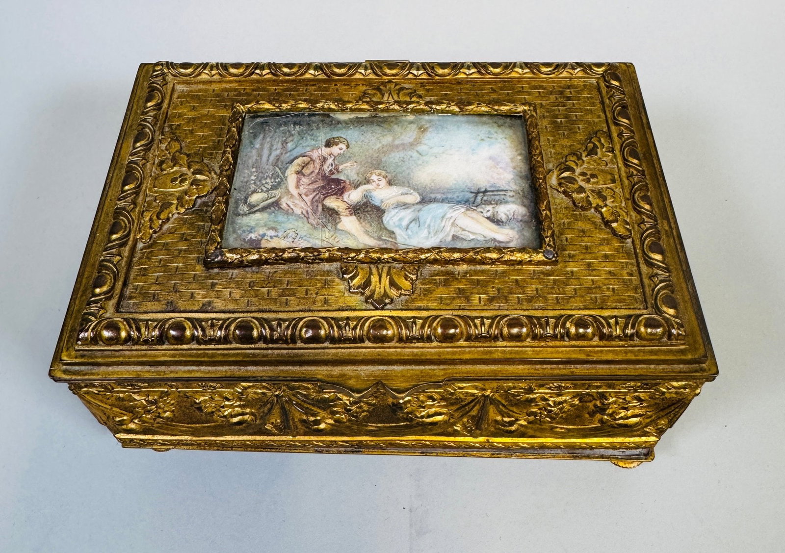 French Gilt Brass Cigar Box With Hand Painted Plaque, C. 1900 (1 of 12)