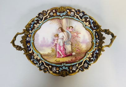 French Champleve Enamel, Brass And Porcelain Tray