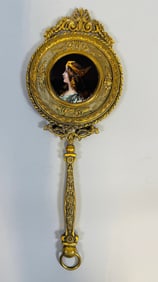French Gilt Bronze Hand Mirror With Enamel Portrait, Circa 1900