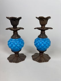Pair Of Brass And Torquoise Glass Candlestick Holders