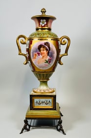 Continental Porcelain Covered Urn With Oval Portrait Cartouche, On Stand