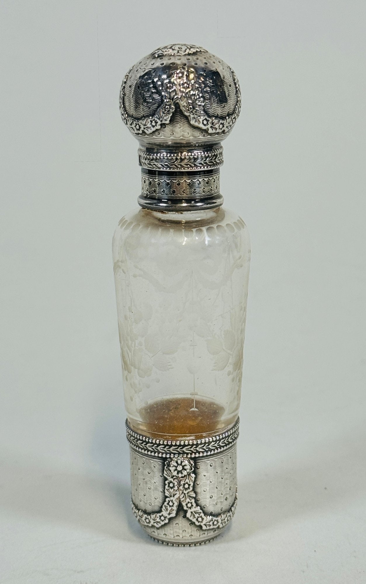 French Belle Epoque Silver And Etched Glass Perfume Flask: makers marks at neck of cap and shot, h: 4 1/2 x dia: 1 inches, OZT: 0.64 weighable