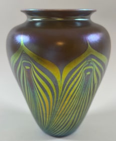 Loetz Type Favrile Glass Peacock Vase, C. 1915